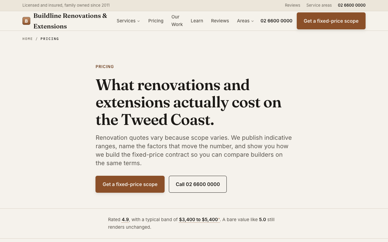 Buildline Renovations & Extensions pricing page
