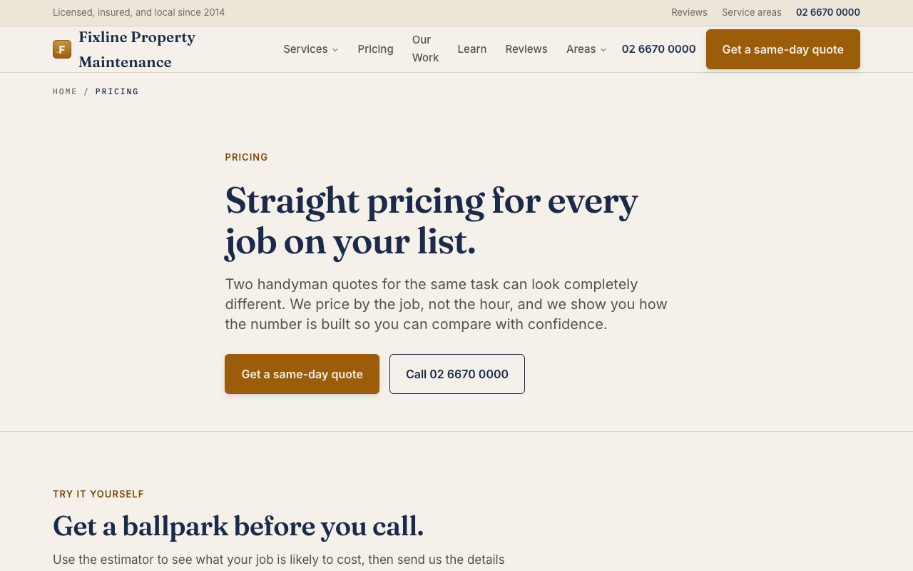 Fixline Property Maintenance pricing page
