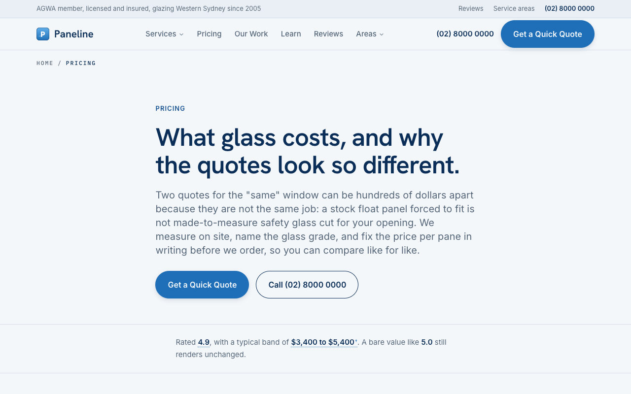 Paneline Glass & Glazing pricing page