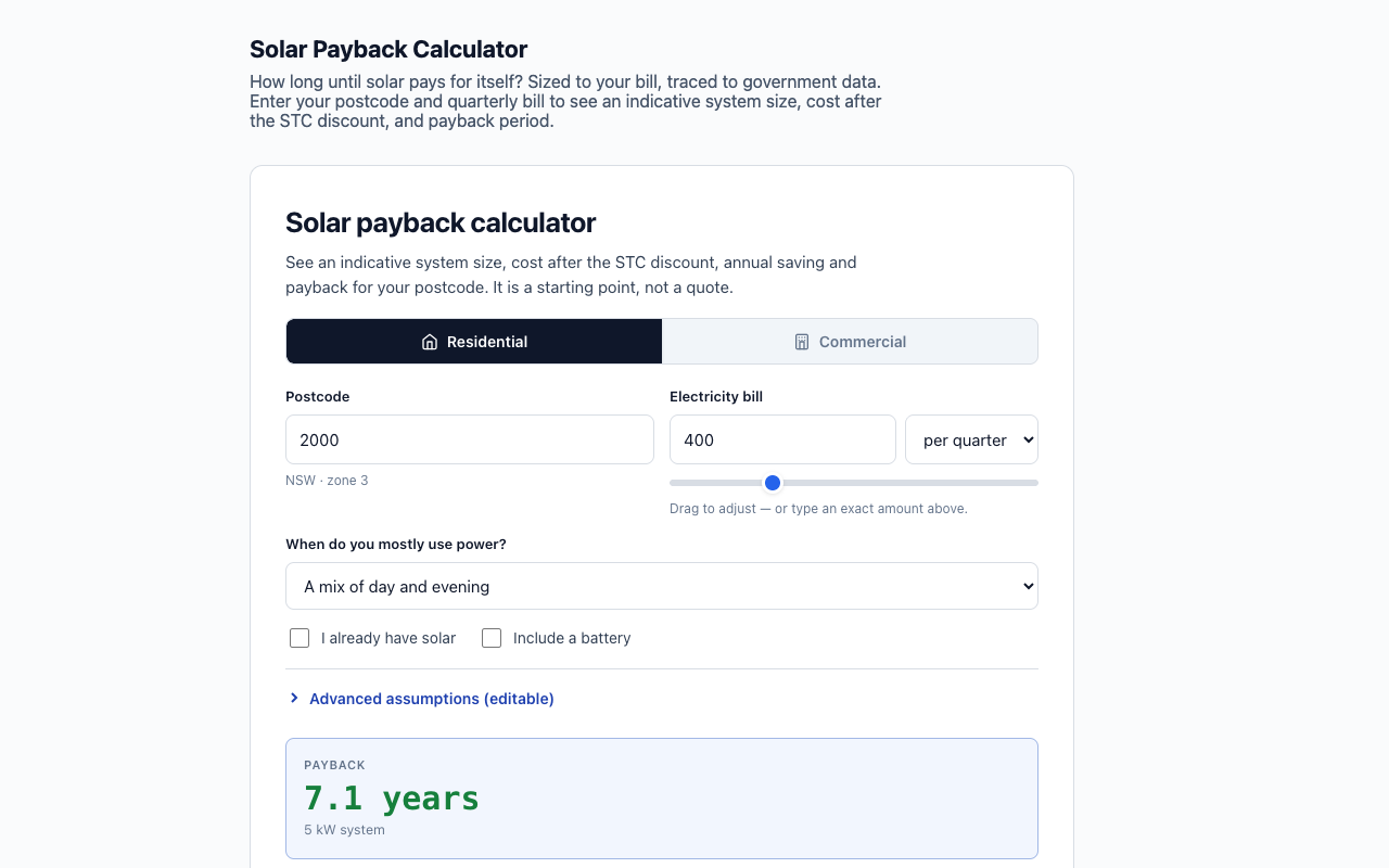 Solar Payback Calculator homepage