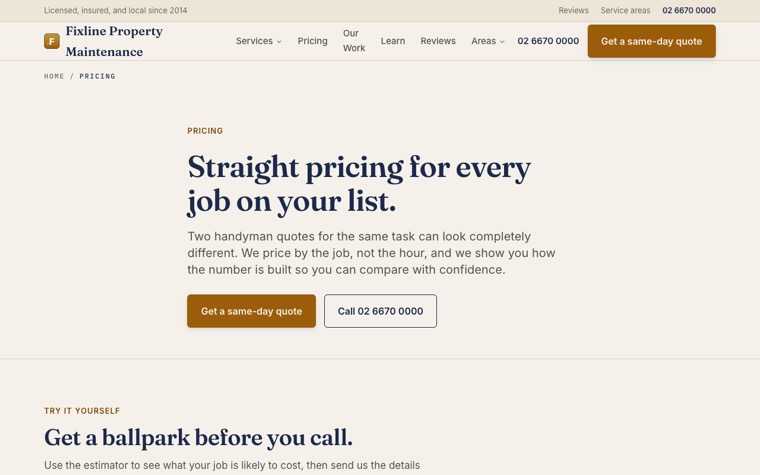 Fixline Property Maintenance pricing page