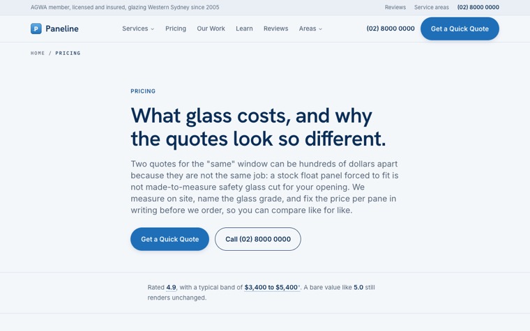 Paneline Glass & Glazing pricing page