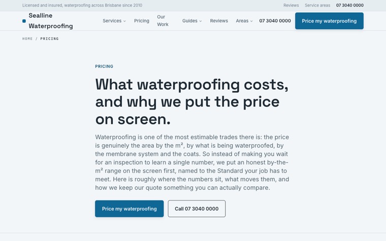 Sealline Waterproofing pricing page